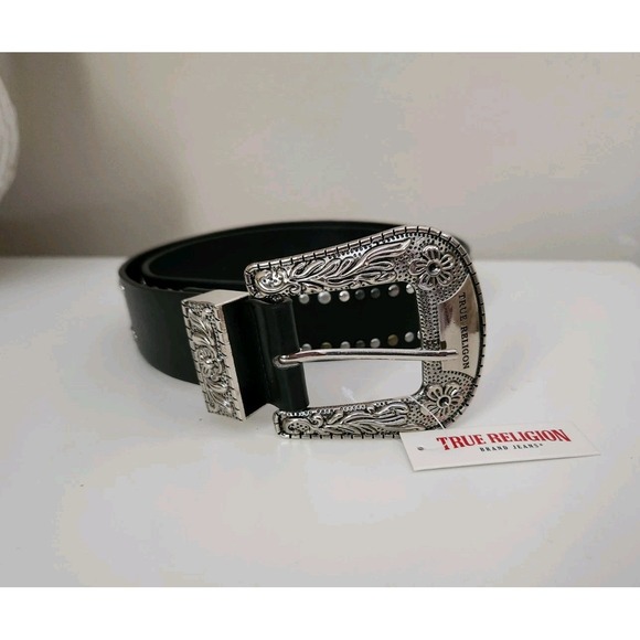 TRUE RELIGION Womens studded belt Southwestern Faux Leather Black Size M/L - Picture 1 of 10